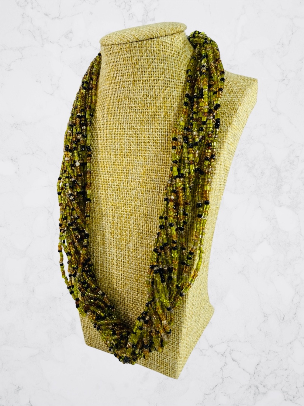 Multi Strand Black Brown Lime Green Gold Seed Bead Necklace 14” Adjustable Boho